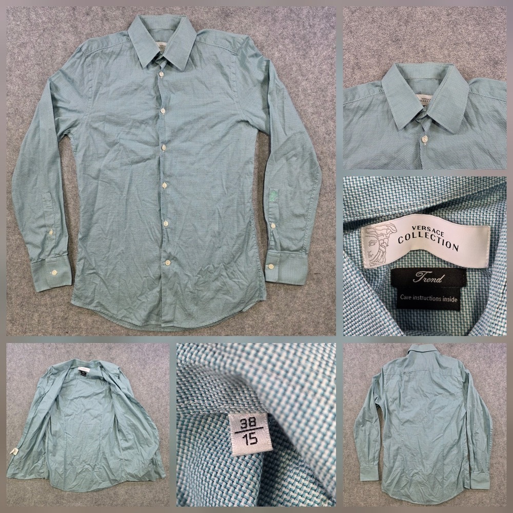Versace Collection Dress Shirt Mens 15 Green Check Slim Fit Cotton Long Sleeve